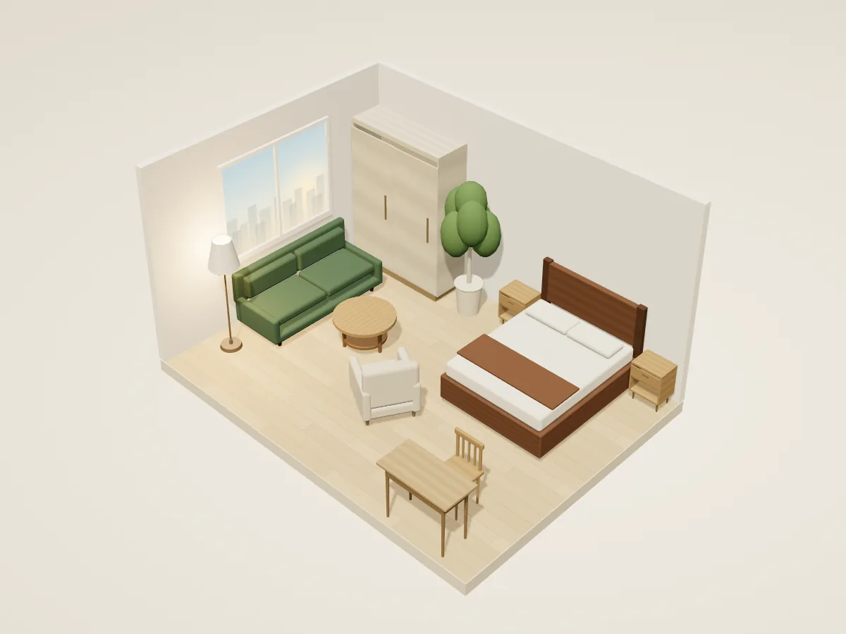 The finished studio flat, ready to request